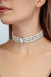 Üç Sıralı Oval Taş Detaylı Kadın İnci Choker Kolye