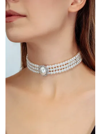 Üç Sıralı Oval Taş Detaylı Kadın İnci Choker Kolye