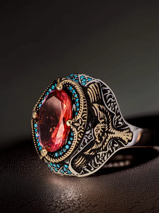 Erkek Zultanit Taşı Yanı Kartal İşlemeli Turkuaz Zirkon Taşlı Süslemeli 925 Ayar Gümüş Yüzük