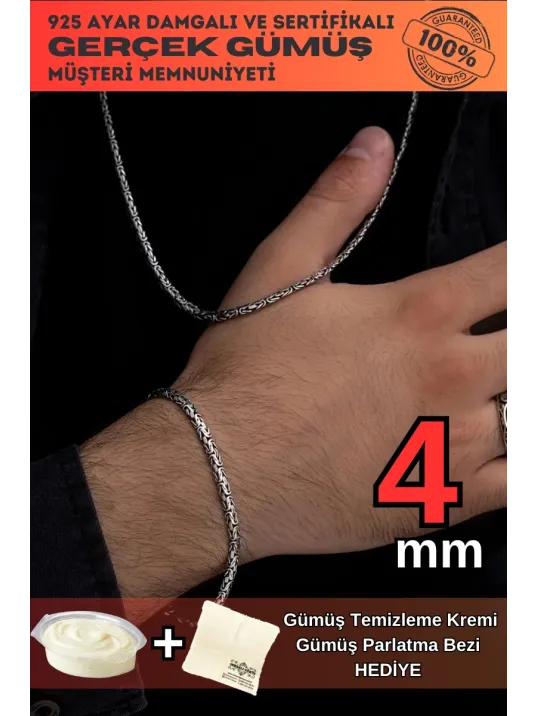 Erkek Gümüş Kolye Bileklik Set - Yassı Ezme Kral Gümüş Bileklik Set