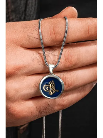 925 Ayar Gümüş Mavi Osmanlı Tuğrası İşlemeli Yuvarlak Kolye Tilki Kuyruğu Zincirli