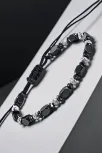 Siyah Hematit Taşlı Gümüş Detaylı Ayarlanabilir Erkek İp Bileklik - Model 9