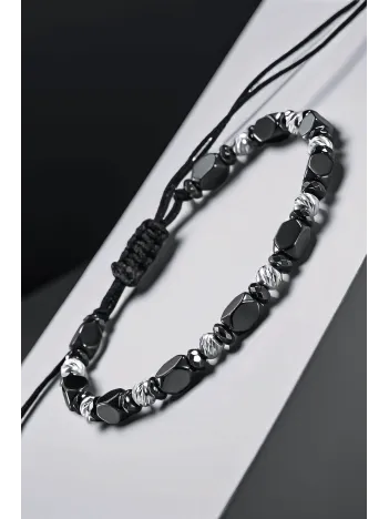 Siyah Hematit Taşlı Gümüş Detaylı Ayarlanabilir Erkek İp Bileklik - Model 9