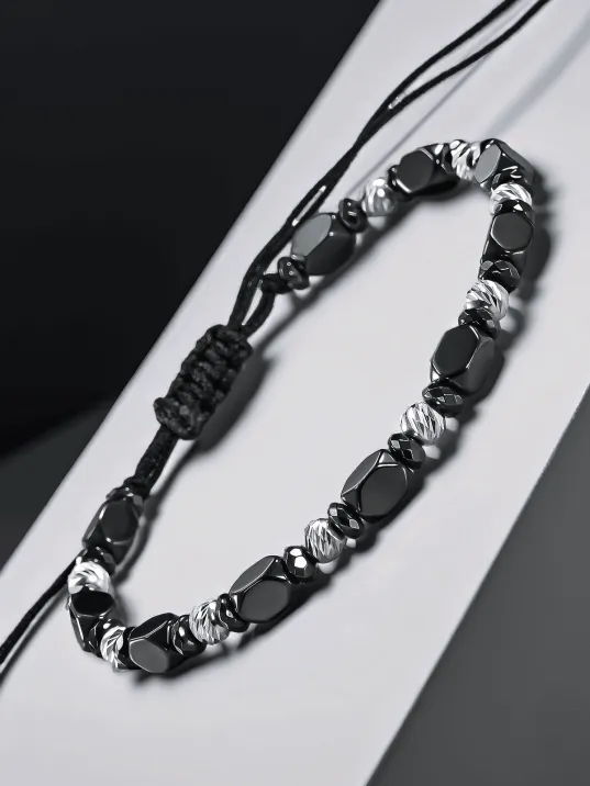 Siyah Hematit Taşlı Gümüş Detaylı Ayarlanabilir Erkek İp Bileklik - Model 9