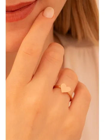 Kadın Gümüş Yüzük - El İşçiliği Rose Kaplama Kalp Motifli İnce Kadın Yüzük