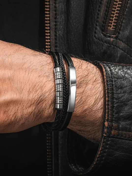 Erkek Deri Bileklik - İsim Yazılan Paslanmaz Çelik Deri Kordonlu Erkek Bileklik