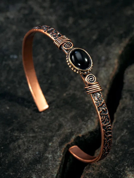 Bakır Kelepçe Bilezik Oniks Doğal Taş Erkek Kadın Doğal Taşlı ve Metal Kutulu