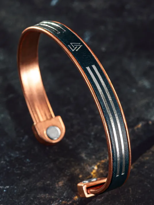 Erkek Kadın Bakır Bileklik - Hakiki Deri Viking İskandinav İşlemeli Mıknatıslı Metal Kutu Kuvars