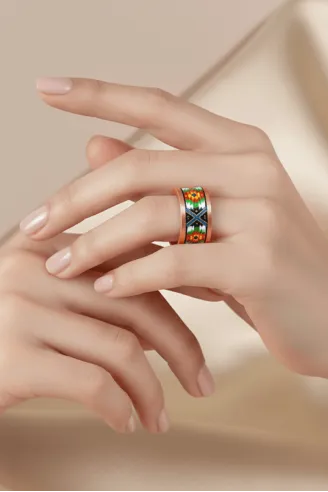 Kadın Bakır Yüzük - Flower Model Özel Baskı Metal Kutu Ve Kuvars Taşı