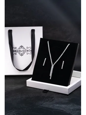 Kadın Bijuteri Kolye Küpe Set - Vera Model Baget ve Zirkon Taşlı Zarif Su Yolu Set