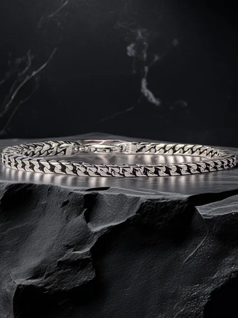 Erkek Gümüş Bileklik - İnce Yassı Snake Parlak Model Erkek Künye