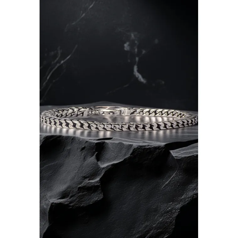 Erkek Gümüş Bileklik - İnce Yassı Snake Parlak Model Erkek Künye