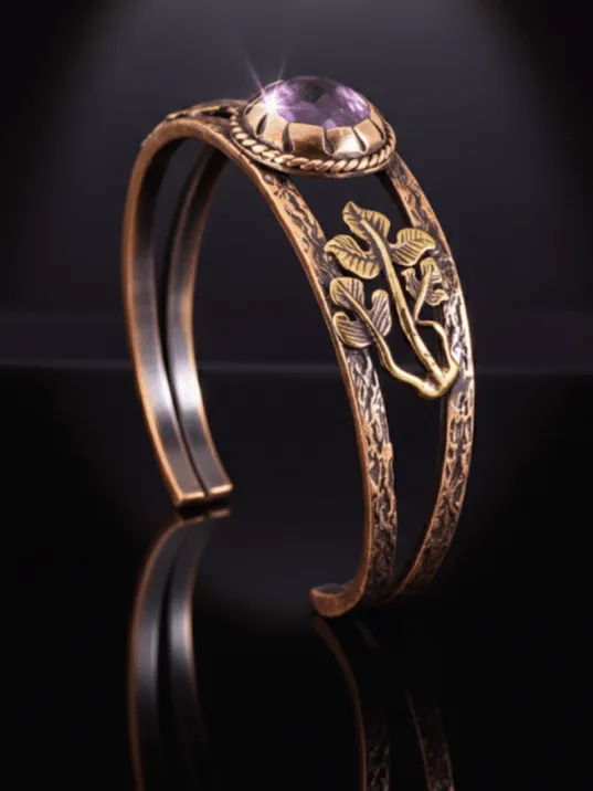 Mor Ametist Taşlı Antik Bakır Kadın Bileklik – Metal Kutu Ve Doğal Taşlar