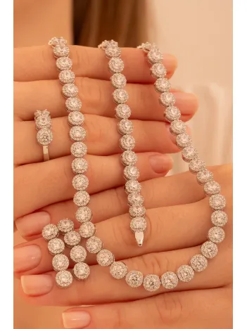Kadın Gümüş Takı Seti - Serap Yuvarlak Model Zirkon Taşlı Kolye, Bileklik, Yüzük, Küpe Tam Set