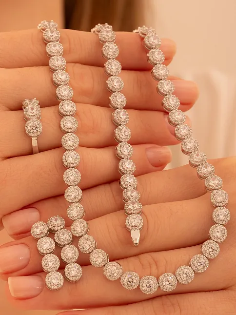 Kadın Gümüş Takı Seti - Serap Yuvarlak Model Zirkon Taşlı Kolye, Bileklik, Yüzük, Küpe Tam Set