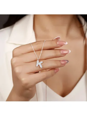 Kadın Gümüş Kolye - K Harfi Zirkon Taşlı Balon Harf Kadın Kolye