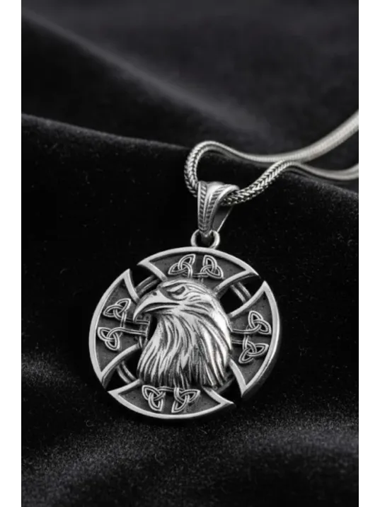 Erkek Gümüş Kolye - 925 Ayar Kabartmalı Kartal Kafası Motifli Tilki Kuyruğu Zincirli Erkek Kolye