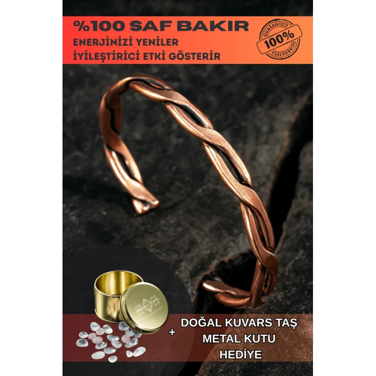Copper Knit Bakır Kelepçe Bilezik Erkek Kadın Kuvars Taşı ve Metal Kutulu