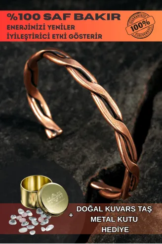 Copper Knit Bakır Kelepçe Bilezik Erkek Kadın Kuvars Taşı ve Metal Kutulu