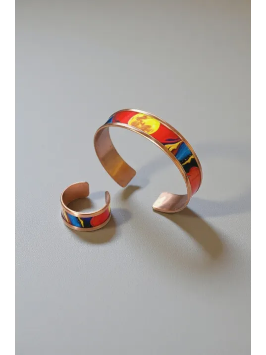 Kadın Bakır Bileklik Yüzük Set - Sun Love Model Özel Baskı Set Metal Kutu Ve Doğal Taşlar