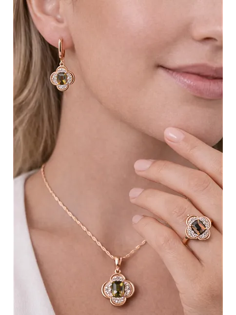 Kadın Gümüş Kolye Yüzük Küpe Set - Asalet Çiçeği Model Kare Zultanit Taşlı Rose Kaplama Set