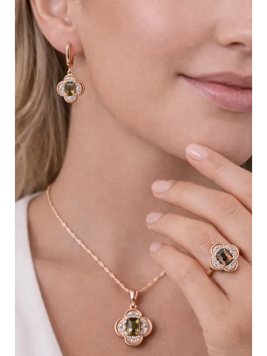 Kadın Gümüş Kolye Yüzük Küpe Set - Asalet Çiçeği Model Kare Zultanit Taşlı Rose Kaplama Set