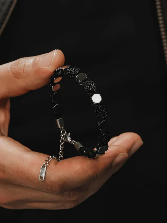 Erkek Doğaltaş Bileklik - Siyah Hematit Taşlı Makrome Örme Erkek Bileklik