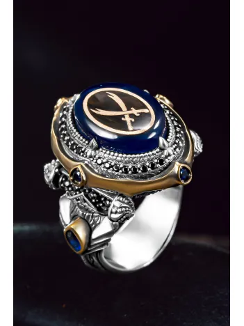 Erkek Gümüş Yüzük - Mavi Kehribar Taşı Çift Zülfikar Kılıcı Erkek Yüzük