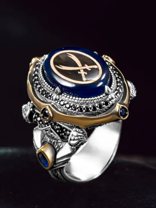 Erkek Gümüş Yüzük - Mavi Kehribar Taşı Çift Zülfikar Kılıcı Erkek Yüzük