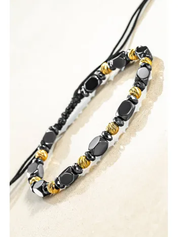 Kadın Erkek Gümüş Bileklik - Hematit Taşlı Gümüş Detaylı İnce Kibar Erkek Kadın Bileklik