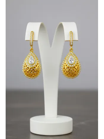 Kadın Gümüş Küpe - Damla Model 22 Ayar Altın Kaplama Zirkon Taşlı Gümüş Küpe