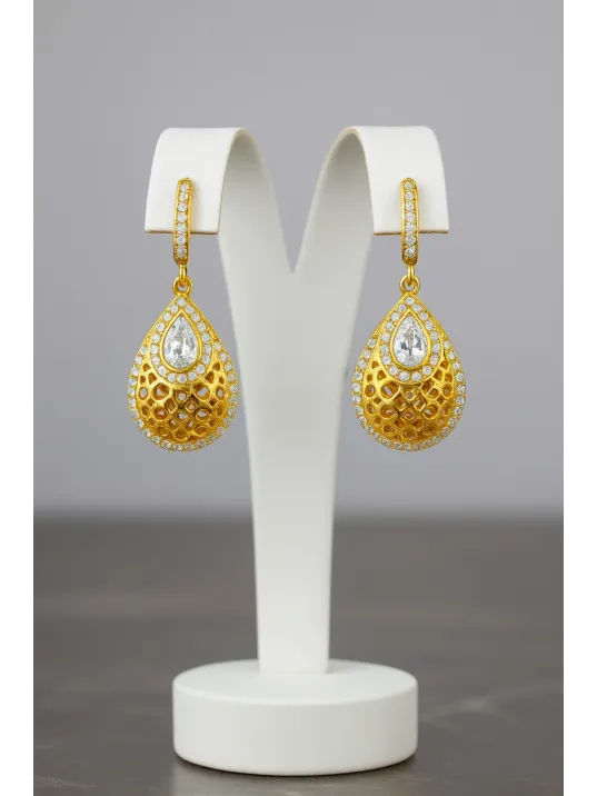 Kadın Gümüş Küpe - Damla Model 22 Ayar Altın Kaplama Zirkon Taşlı Gümüş Küpe