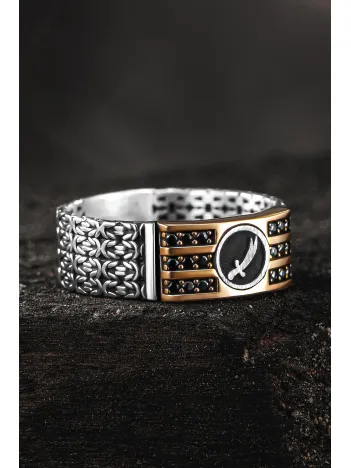 Erkek Gümüş Yüzük - Kral Zincirli Zirkon Taşlı Zülfikar Kılıcı İşlemeli Erkek Yüzük Erkek Gümüş Yüzük - Kral Zincirli Zirkon Taşlı Zülfikar Kılıcı İşlemeli Erkek Yüzük