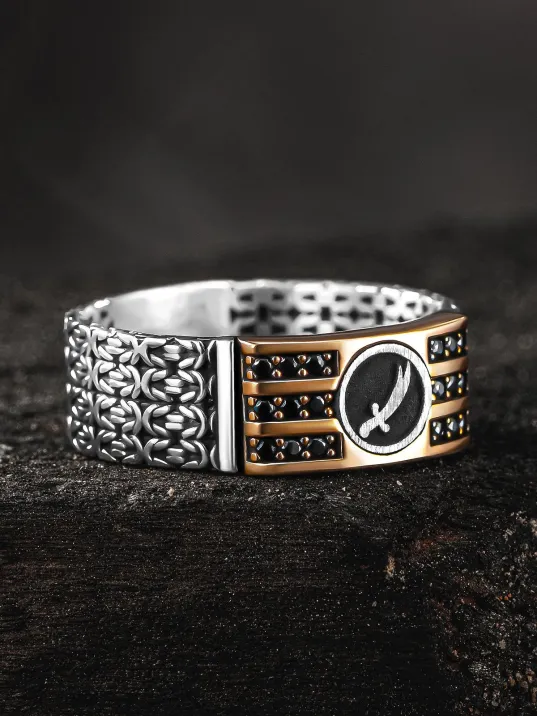 Erkek Gümüş Yüzük - Kral Zincirli Zirkon Taşlı Zülfikar Kılıcı İşlemeli Erkek Yüzük