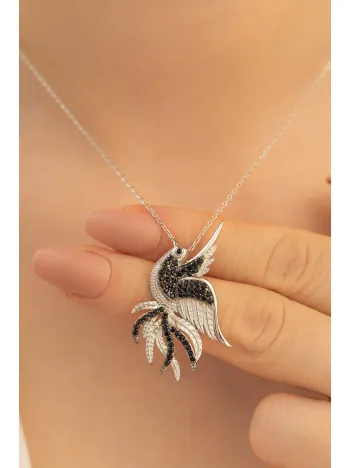 Kadın Gümüş Kolye - Büyük Boy Gümüş Bayan Simurg Zümrüdü Anka Kuşu Kolye