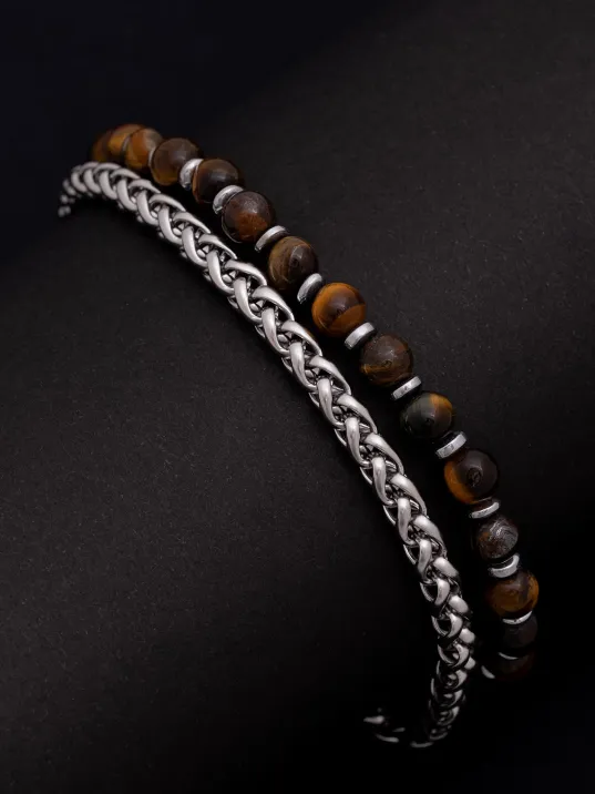 Erkek Çelik Bileklik - Kaplan Gözü Taşlı kral Zincir Çelik Erkek Bileklik