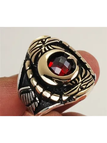 Çift Kartal Ve Ay Yıldızlı Erkek Gümüş Yüzük