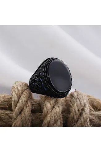 Siyah Oniks Mavi Mikro Taşlı Özel Seri Erkek Gümüş Yüzük
