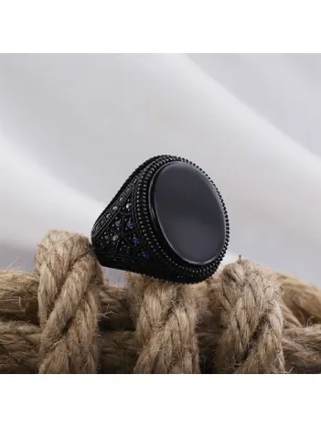 Siyah Oniks Mavi Mikro Taşlı Özel Seri Erkek Gümüş Yüzük