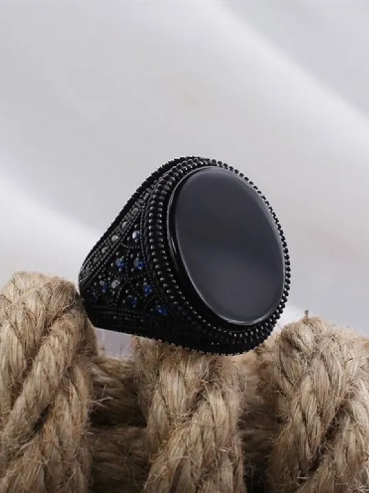 Siyah Oniks Mavi Mikro Taşlı Özel Seri Erkek Gümüş Yüzük