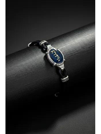 Türk Yazılı Erkek Deri Gümüş Bileklik Lacivert Mavi Mineli Otantik Model