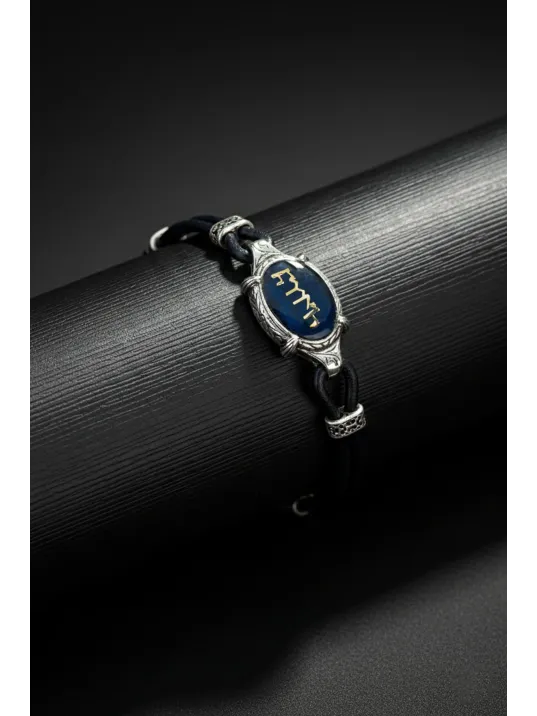 Türk Yazılı Erkek Deri Gümüş Bileklik Lacivert Mavi Mineli Otantik Model