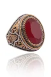 Kırmızı Zirkon Taşlı Yanı Selçuklu Arma ve Hilal Yıldız İşlemeli Erkek Gümüş Yüzük