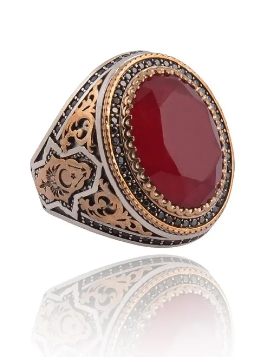 Kırmızı Zirkon Taşlı Yanı Selçuklu Arma ve Hilal Yıldız İşlemeli Erkek Gümüş Yüzük