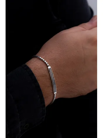 Erkek Gümüş Bileklik - Çift Zirkon Taşlı Küp Zincir Gümüş Bileklik