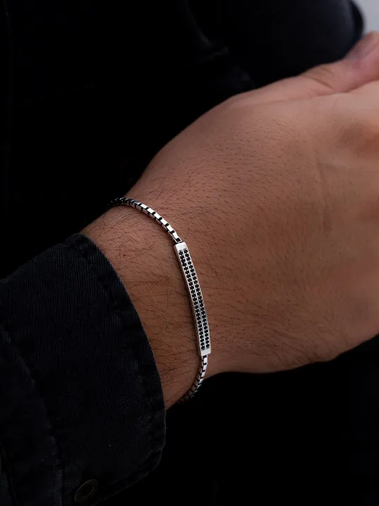 Erkek Gümüş Bileklik - Çift Zirkon Taşlı Küp Zincir Gümüş Bileklik