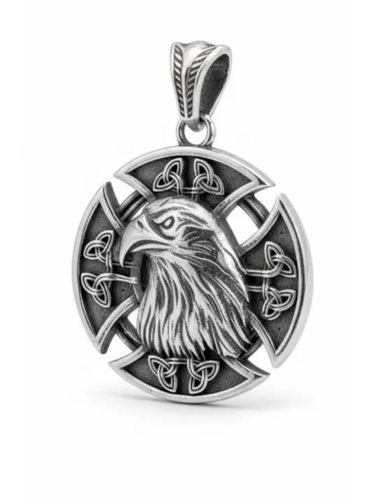 Erkek Gümüş Kolye - 925 Ayar Kabartmalı Kartal Kafası Motifli Tilki Kuyruğu Zincirli Erkek Kolye