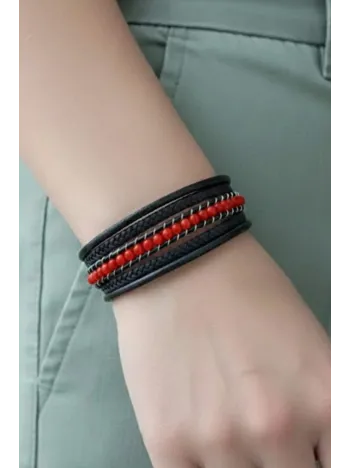 Kırmızı Faset Akik Doğal Taşlı Çoklu Deri Kordonlu Kadın Bileklik Kırmızı Faset Akik Doğal Taşlı Çoklu Deri Kordonlu Kadın Bileklik