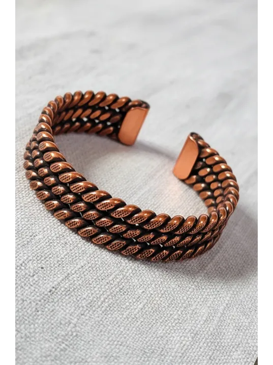 Kadın Bakır Bileklik - Üç Sıra Noktalı Burgu Bakır Bilezik Metal Kutu Ve Doğal Taşlar