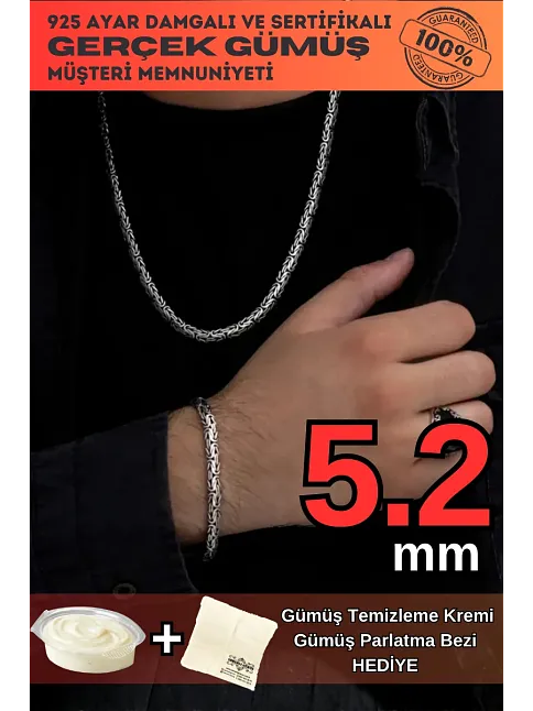 Erkek Gümüş Kolye Bileklik Set - Yassı Ezme Kral Gümüş Bileklik Set